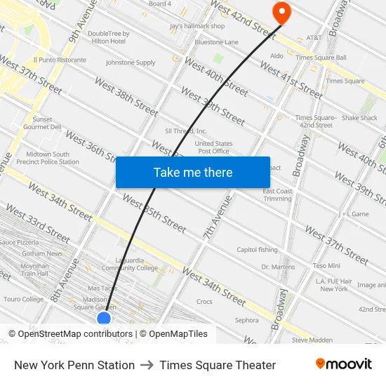 New York Penn Station to Times Square Theater map