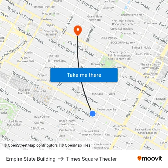Empire State Building to Times Square Theater map