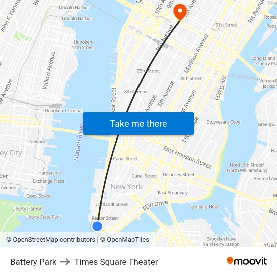 Battery Park to Times Square Theater map