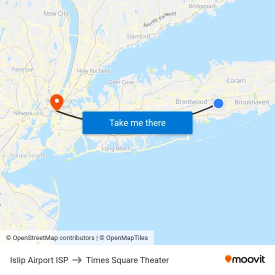 Islip Airport ISP to Times Square Theater map
