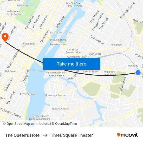 The Queen's Hotel to Times Square Theater map