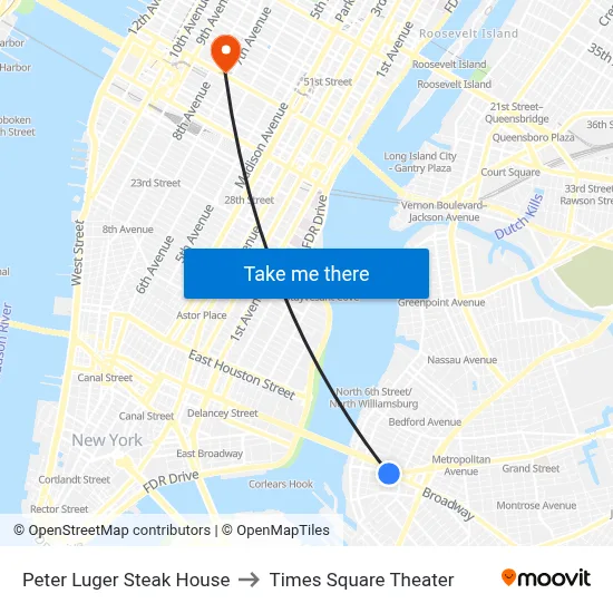 Peter Luger Steak House to Times Square Theater map