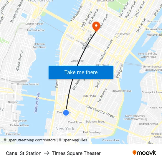 Canal St Station to Times Square Theater map