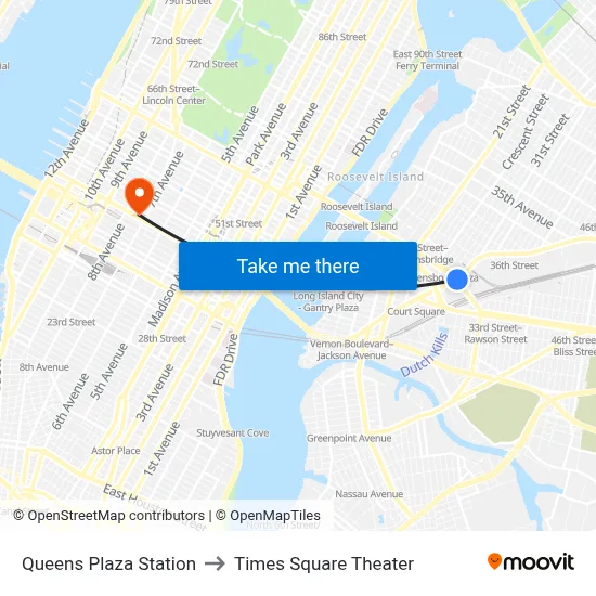 Queens Plaza Station to Times Square Theater map