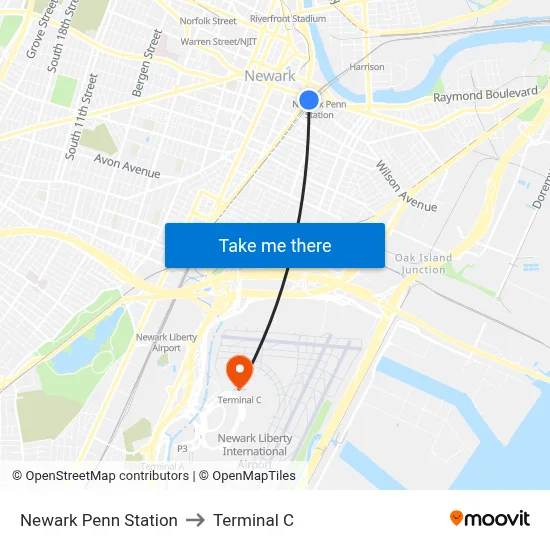 Newark Penn Station to Terminal C map