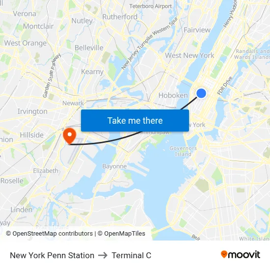 New York Penn Station to Terminal C map