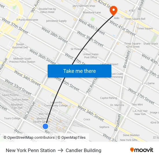 New York Penn Station to Candler Building map