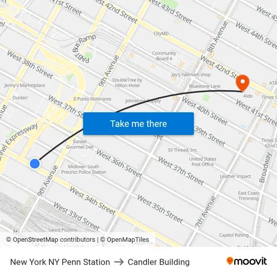 New York NY Penn Station to Candler Building map