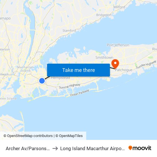 Archer Av/Parsons Blvd Bay D to Long Island Macarthur Airport Terminal (Isp) map