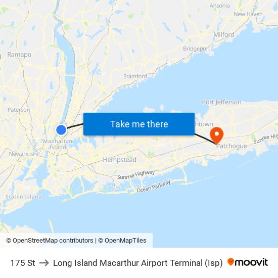 175 St to Long Island Macarthur Airport Terminal (Isp) map