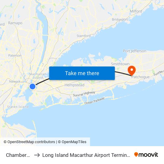 Chambers St to Long Island Macarthur Airport Terminal (Isp) map