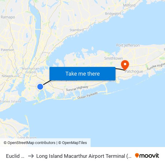 Euclid Av to Long Island Macarthur Airport Terminal (Isp) map