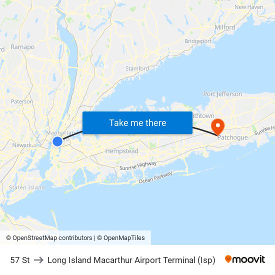 57 St to Long Island Macarthur Airport Terminal (Isp) map