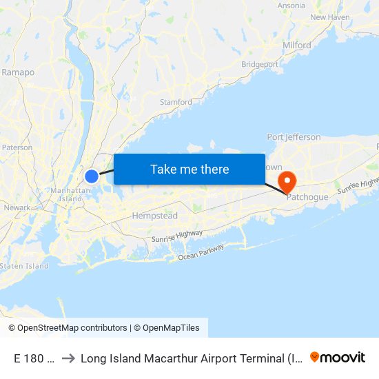 E 180 St to Long Island Macarthur Airport Terminal (Isp) map