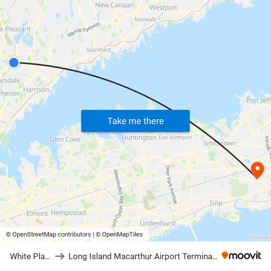 White Plains to Long Island Macarthur Airport Terminal (Isp) map