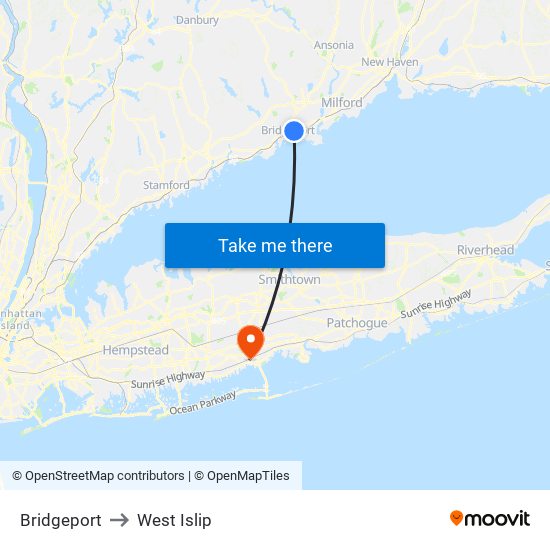 Bridgeport to West Islip map