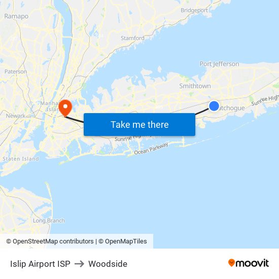 Islip Airport ISP to Woodside map