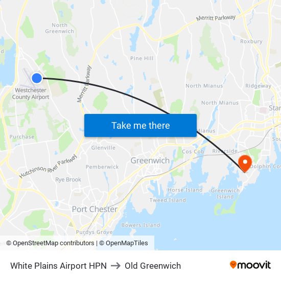 White Plains Airport HPN to Old Greenwich map