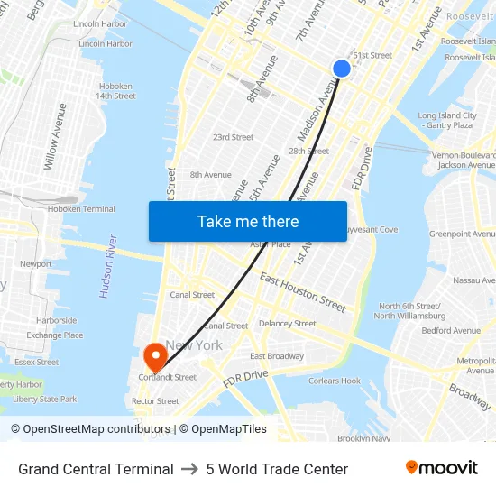 Grand Central Terminal to 5 World Trade Center map