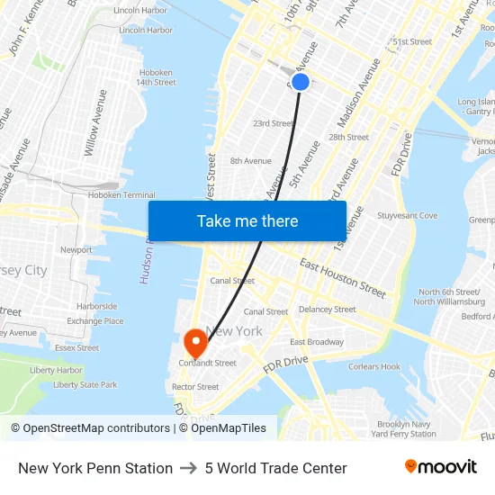 New York Penn Station to 5 World Trade Center map