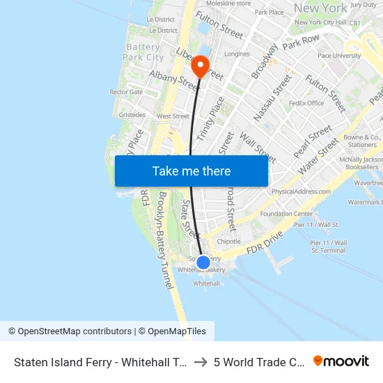 Staten Island Ferry - Whitehall Terminal to 5 World Trade Center map