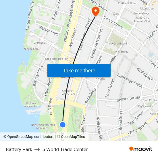 Battery Park to 5 World Trade Center map