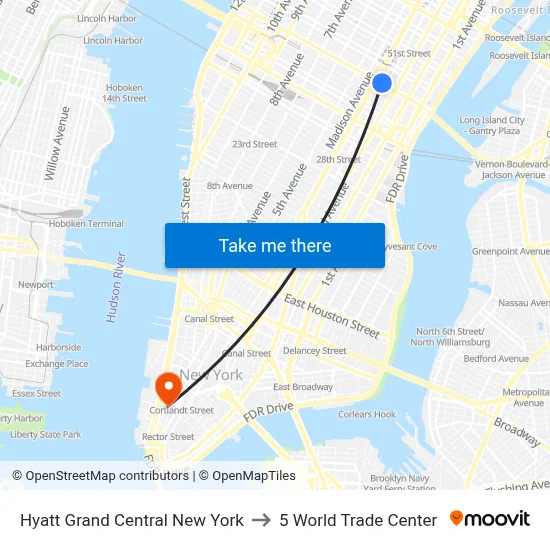 Hyatt Grand Central New York to 5 World Trade Center map