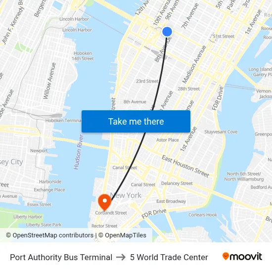 Port Authority Bus Terminal to 5 World Trade Center map