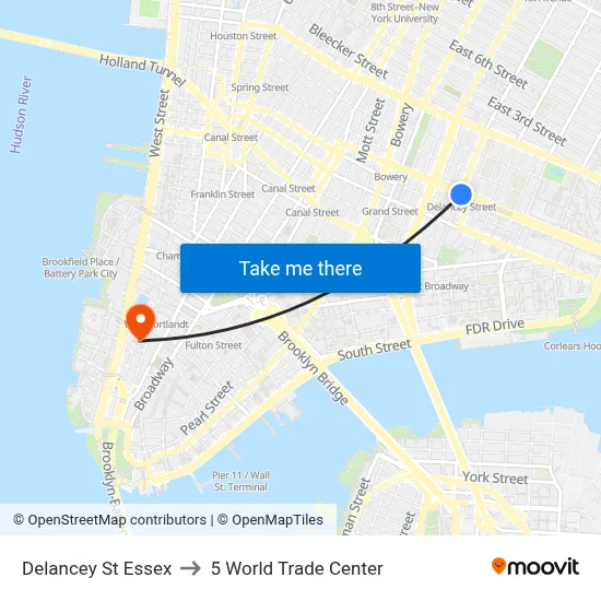 Delancey St Essex, New York, NY 10002 to 5 World Trade Center map