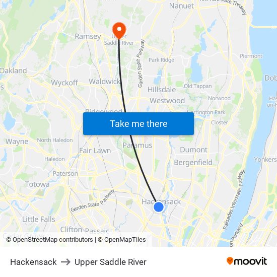 Hackensack to Upper Saddle River map