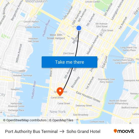 Port Authority Bus Terminal to Soho Grand Hotel map