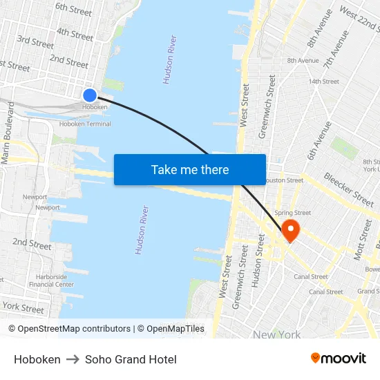 Hoboken to Soho Grand Hotel map