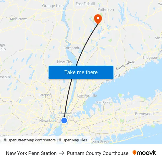 New York Penn Station to Putnam County Courthouse map