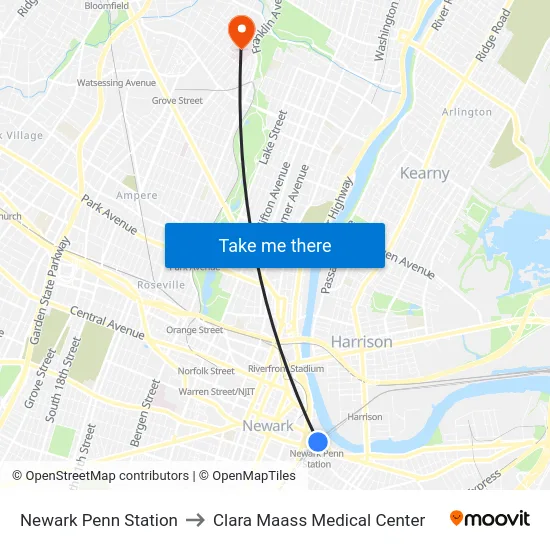 Newark Penn Station to Clara Maass Medical Center map