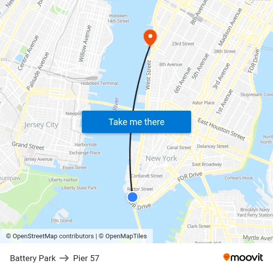 Battery Park to Pier 57 map
