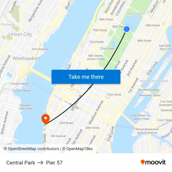 Central Park to Pier 57 map