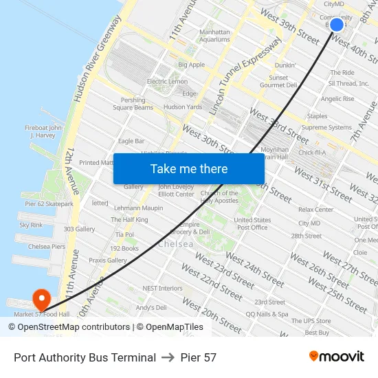 Port Authority Bus Terminal to Pier 57 map