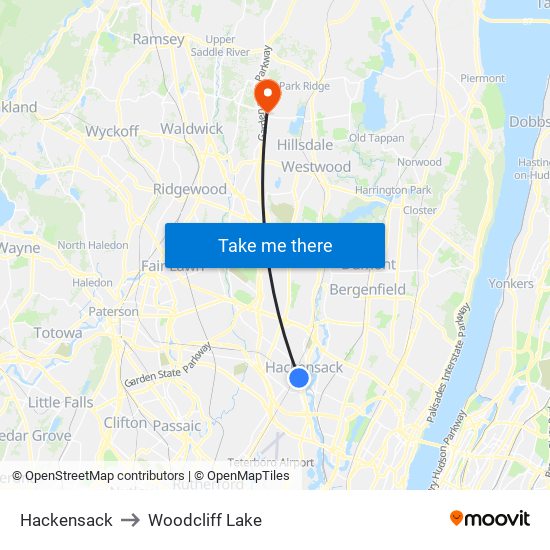Hackensack to Woodcliff Lake map