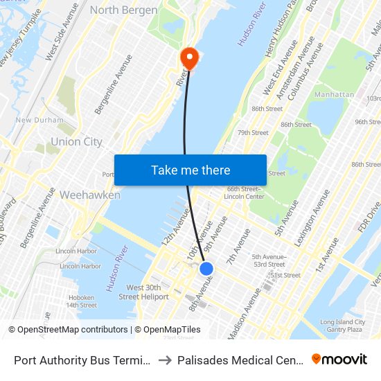 Port Authority Bus Terminal to Palisades Medical Center map