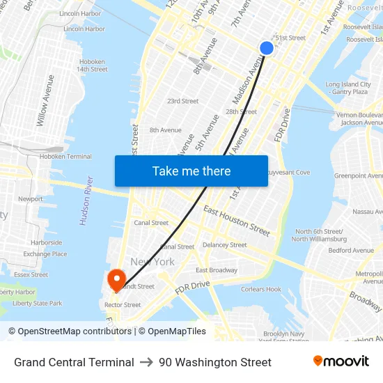 Grand Central Terminal to 90 Washington Street map