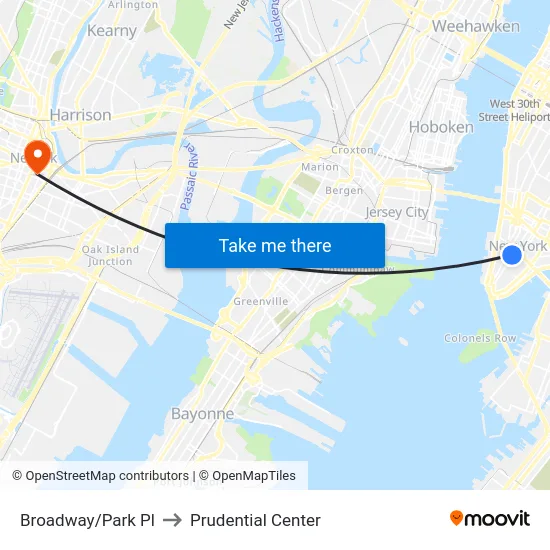 Broadway/Park Pl to Prudential Center map