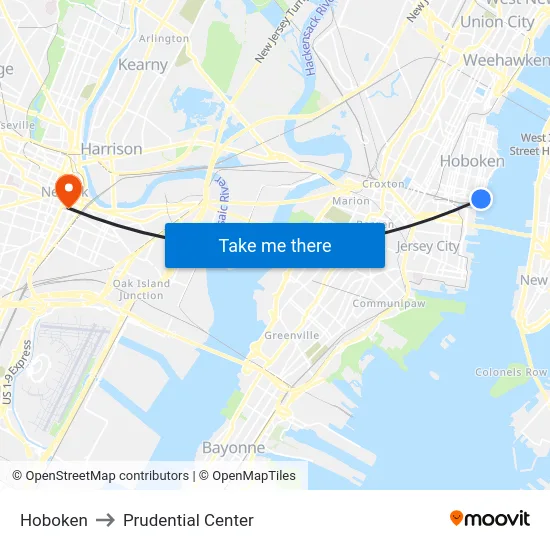Hoboken to Prudential Center map