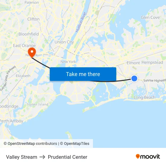 Valley Stream to Prudential Center map