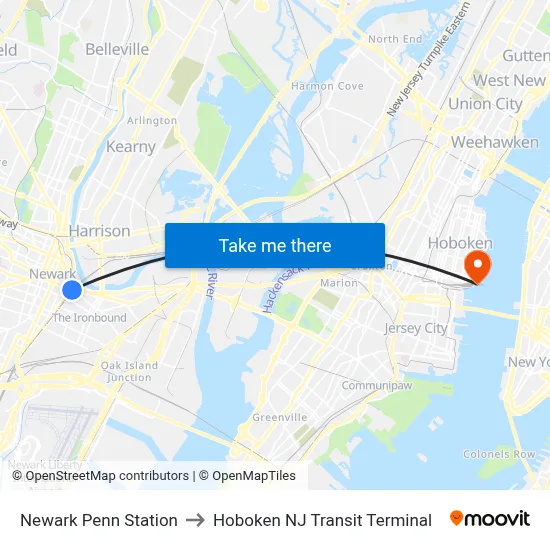 Newark Penn Station to Hoboken NJ Transit Terminal map