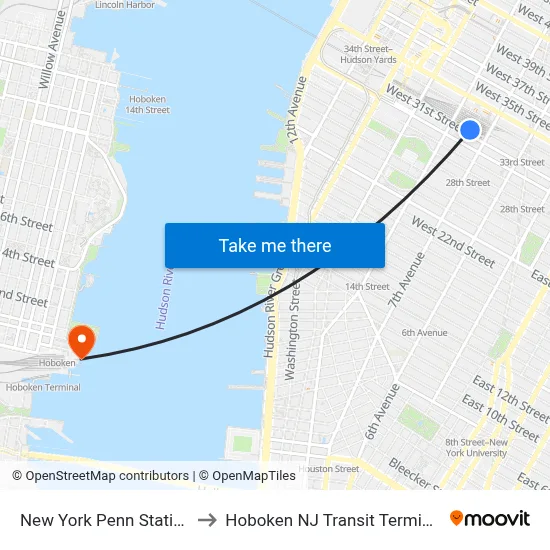 New York Penn Station to Hoboken NJ Transit Terminal map