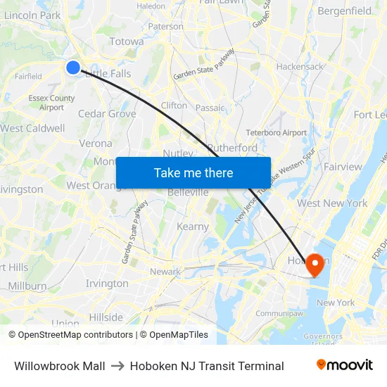 Willowbrook Mall to Hoboken NJ Transit Terminal map