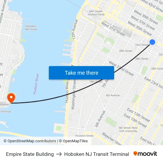Empire State Building to Hoboken NJ Transit Terminal map