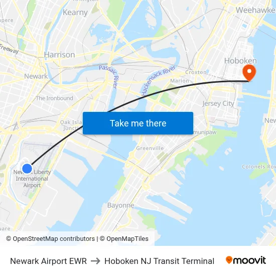 Newark Airport EWR to Hoboken NJ Transit Terminal map