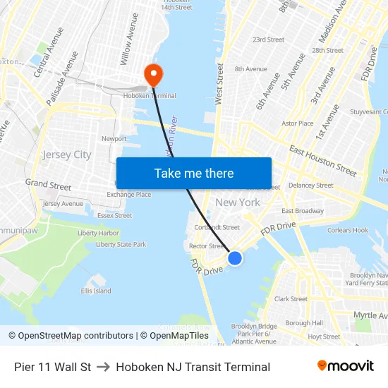 Pier 11 Wall St to Hoboken NJ Transit Terminal map