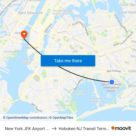 New York JFK Airport JFK to Hoboken NJ Transit Terminal map